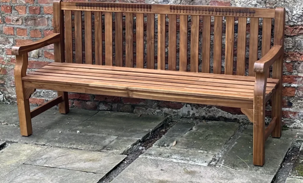 bench showing mushroom engravings